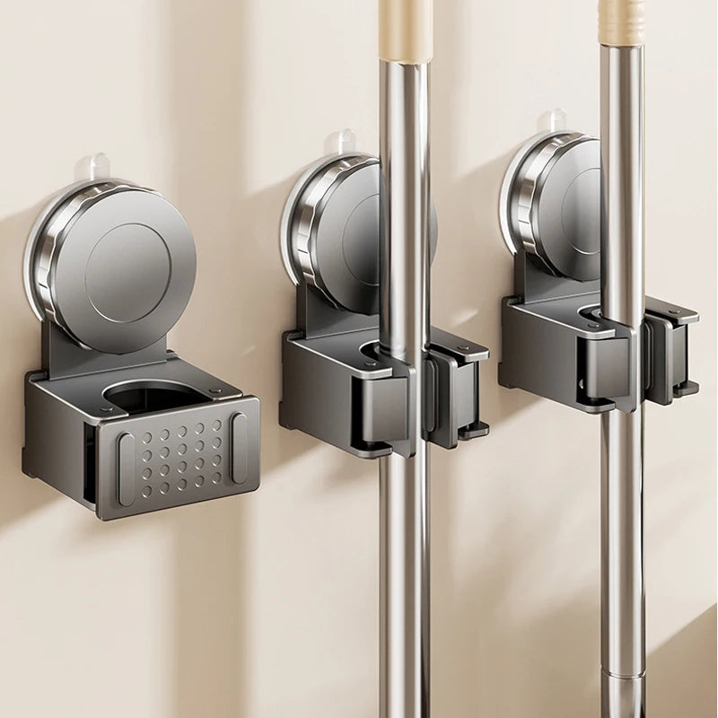 porte balai mural ventouse gris lisse perforations moderne salle bain rangement minimaliste