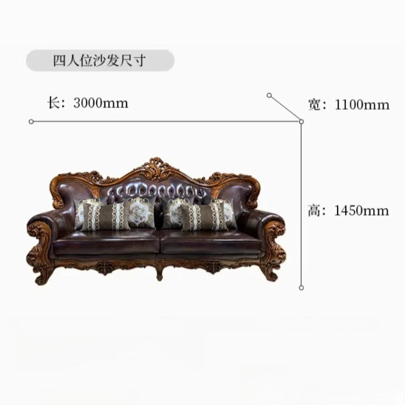 canapé chesterfield cuir lisse bois sculpté classique européen salon trois personnes