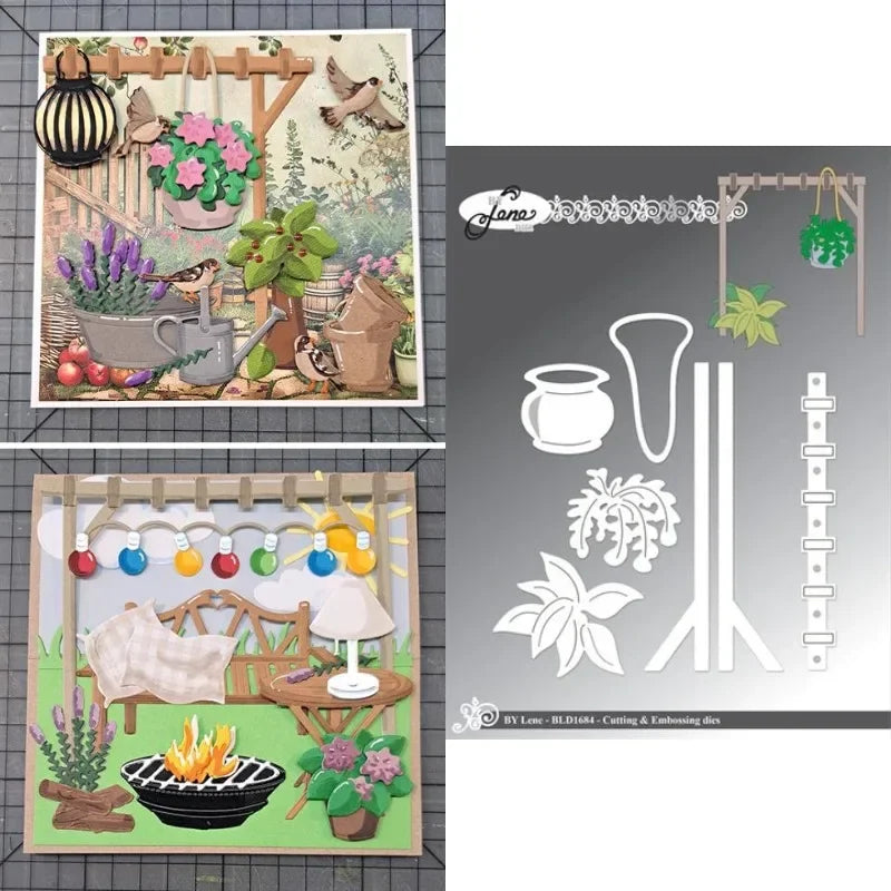 découpe papier scrapbooking fleurs bancs table chaises lanterne arbres pommes oiseaux arches végétales motifs