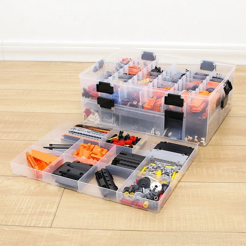 organisateur transparent rangement modular compartiments pieces lego tiges engrenages boites plastique noir pratique utilitaire