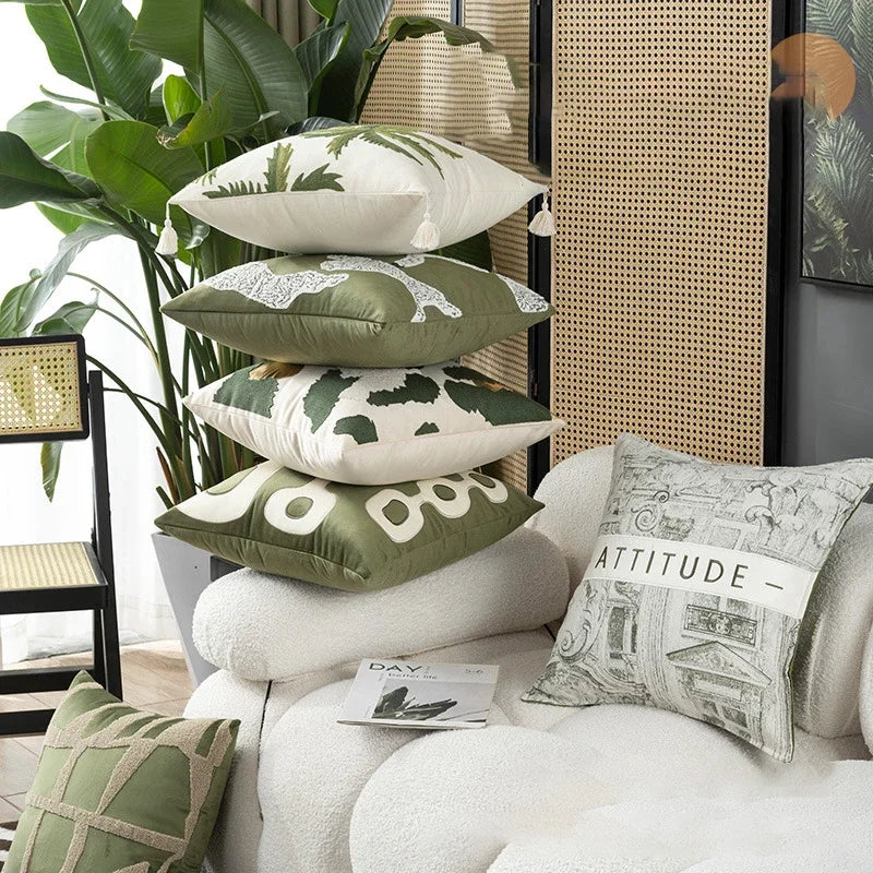coussin moderne patchwork vert brodé amovible lavable salon chambre decoration adultes tissu polyester coton