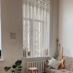 rideau macramé coton beige clair motif géométrique franges boho chic décoration intérieur séparation porte