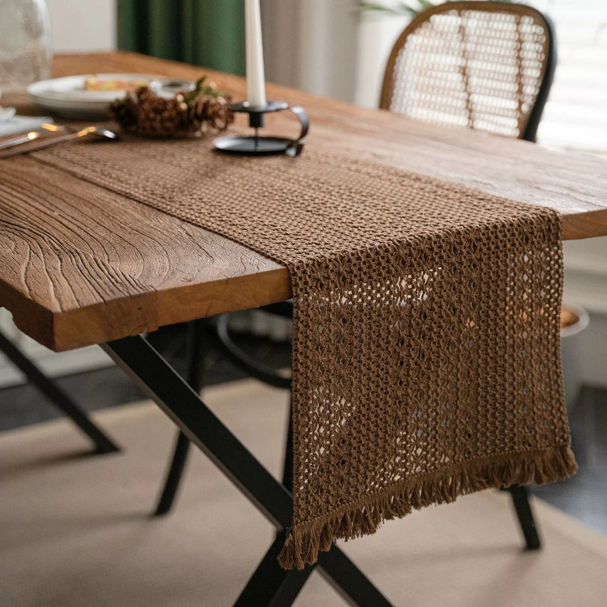 chemin table marron clair maille fine franges rustique 100% lin solide opacité maison decoration