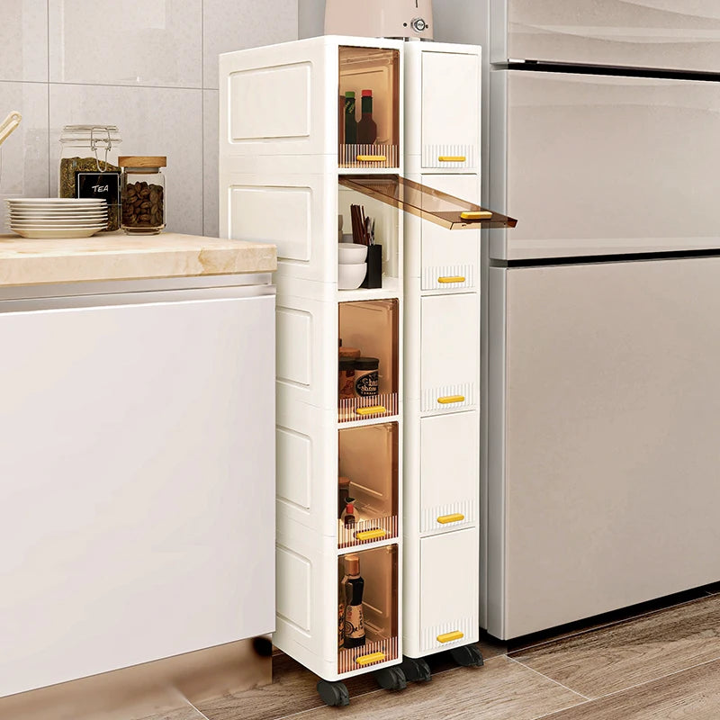rangement mobile multi niveaux blanc transparent moderne roulettes echangement visible