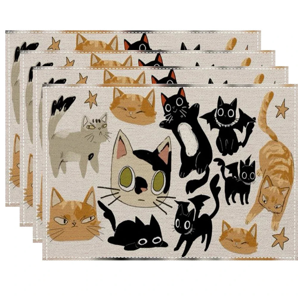 serviettes table illustratives moderne chats motifs géométriques beige noir gris orange rose