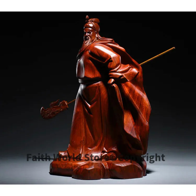 statue bois sculptée homme lance chinois base rocher bouddhisme traditionnel marron foncé