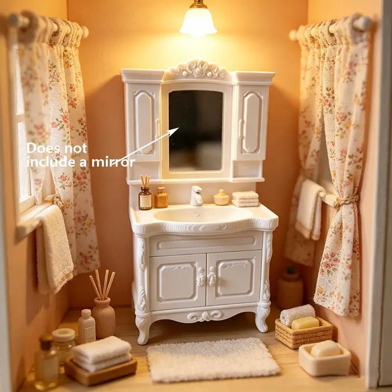 salle bain miniature 12 blanc noir vintage meuble lavabo armoire miroir ornementé accessoires poupée