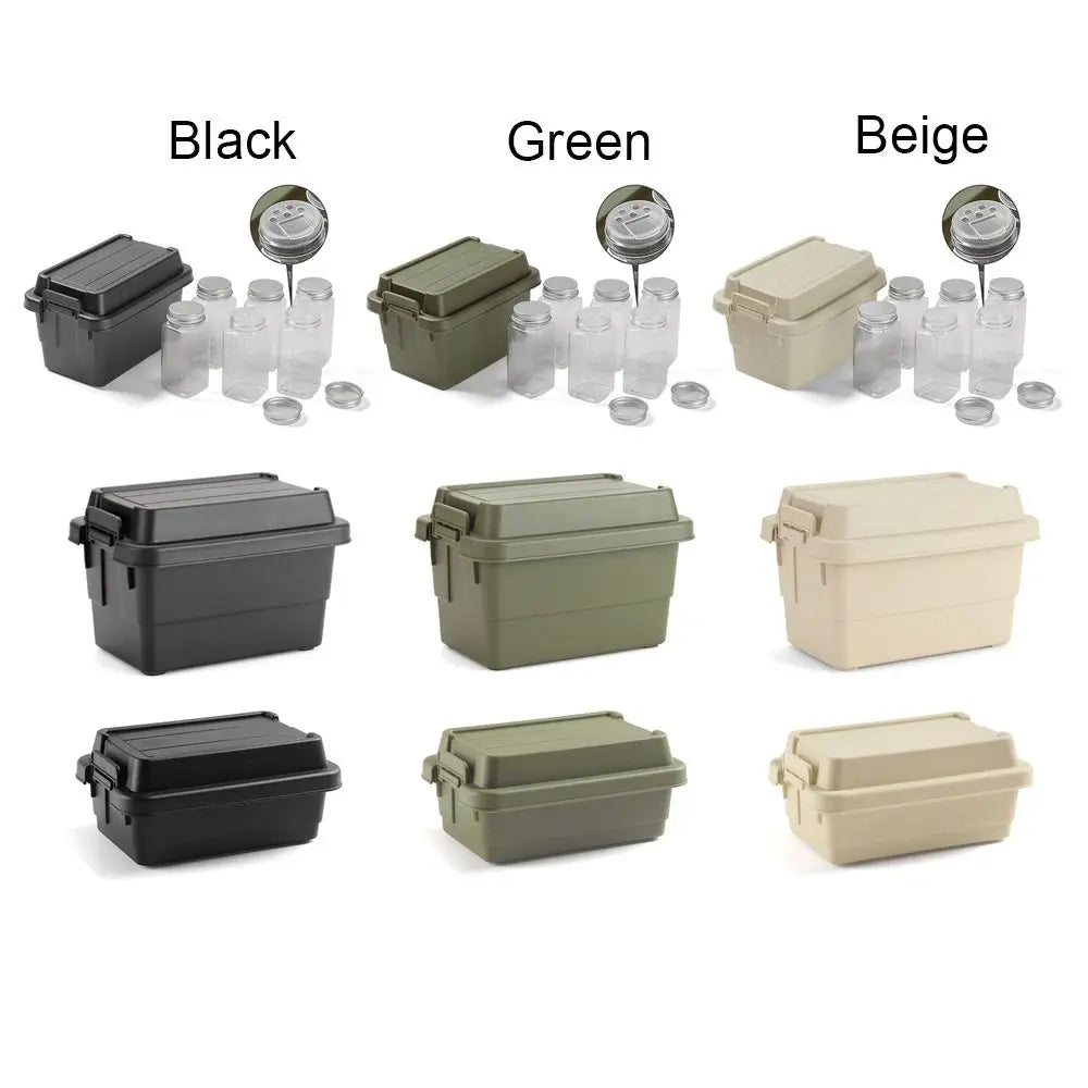 boîtes rangement camping réutilisables plastique noir vert beige poignées couvercles pratiques robustes