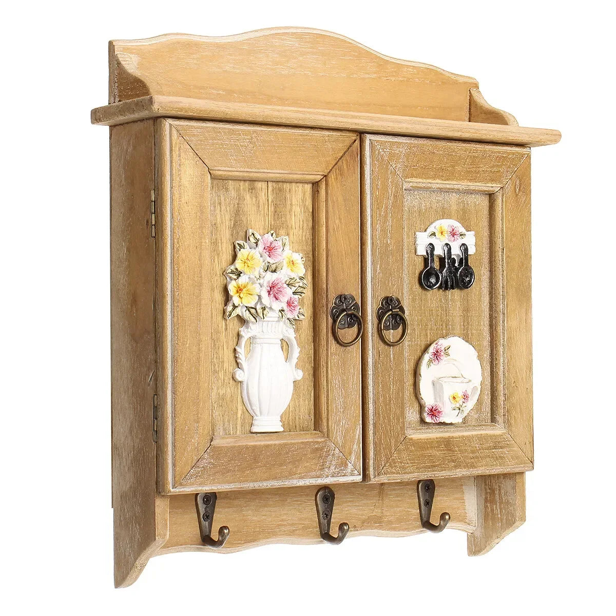 armoire murale vintage bois clair portes crochets porte clefs deco fleurs ours peluche