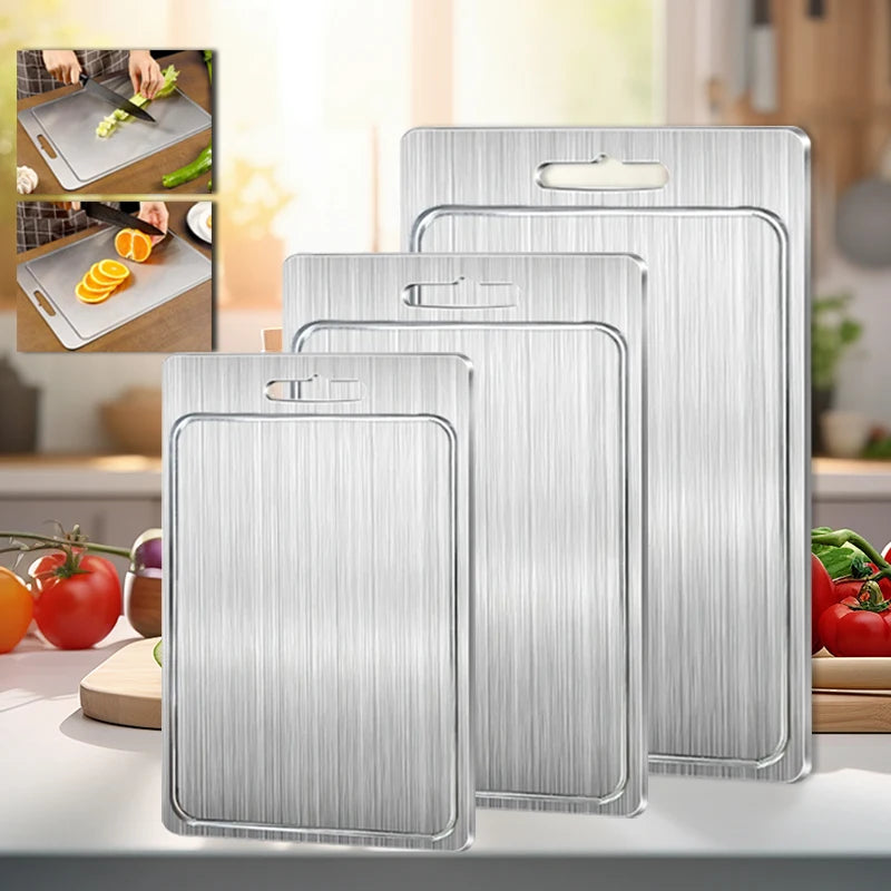 planche découper acier inoxydable double face antidérapante rainures jus facile nettoyer certifiée alimentaire moderne