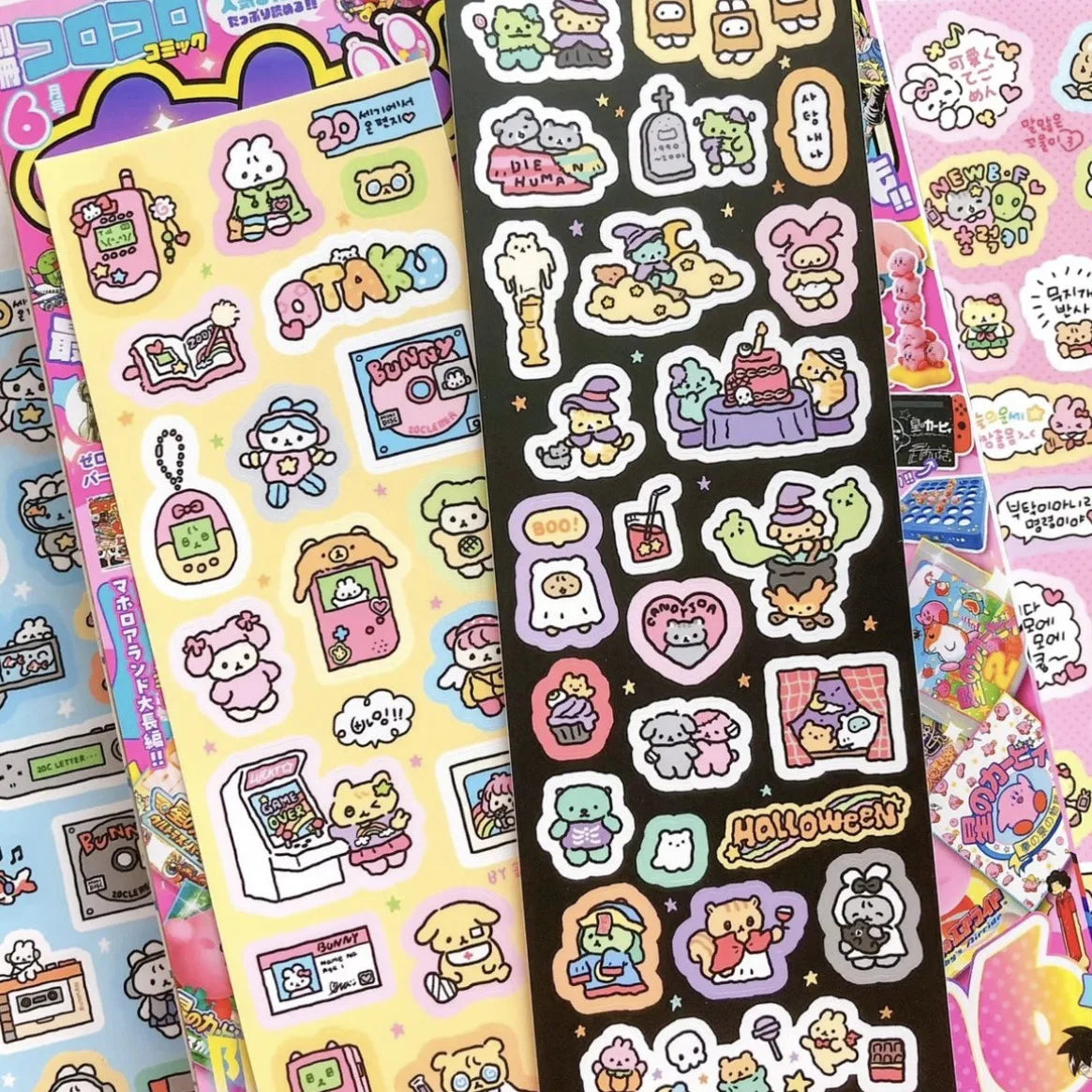 stickers kawaii multicolores dessins animés adhésifs mignons thème cuisine jeux vidéo halloween