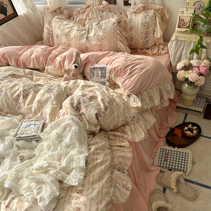 parure lit complète fleurs vintage princesse housse couette drap taies oreillers