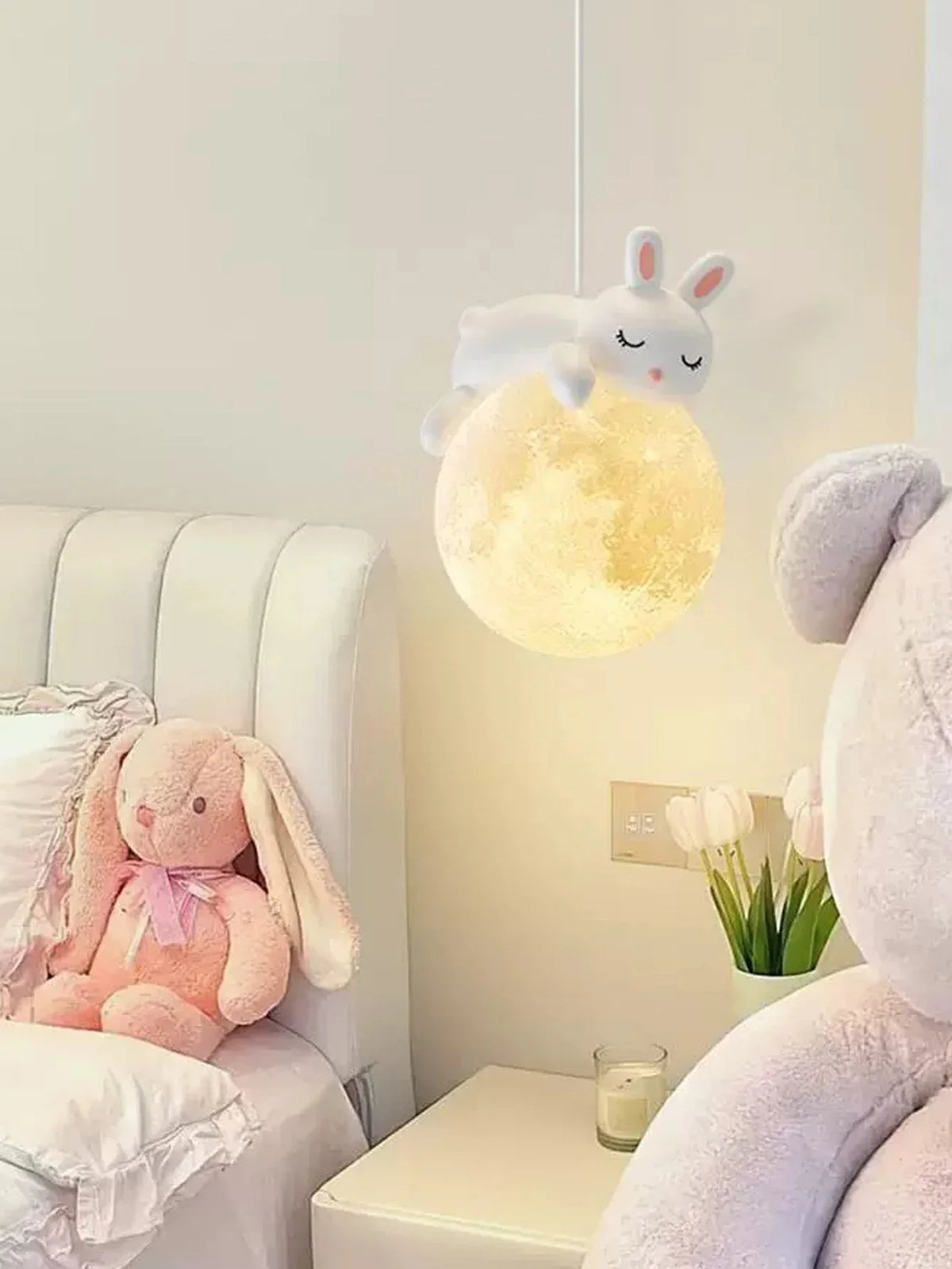 lampe suspendue moderne blanche oiseau lune enfantine texture réfléchissante cordon blanc chambre enfants