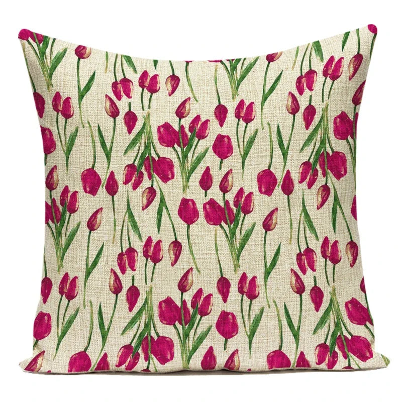 coussin décoratif carré fleurs tulipes vintage beige rose vert salon canapé maison housse textile