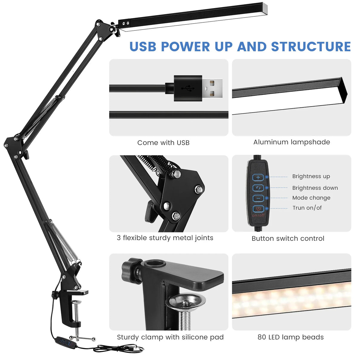 lampe moderne led réglable blanc noir clip table oscillante métal plastique fonctionnelle