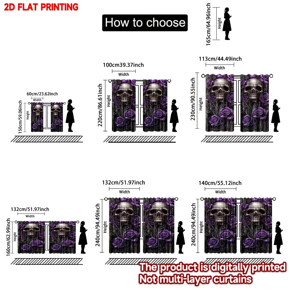 rideau noir violet crâne roses stylisés polyester moderne gothique halloween festif 132x240cm