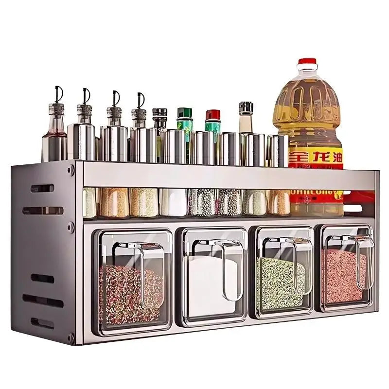 rangement condiments gris transparent moderne acier brillant fixations murales conteneurs couvercles multifonctionnels