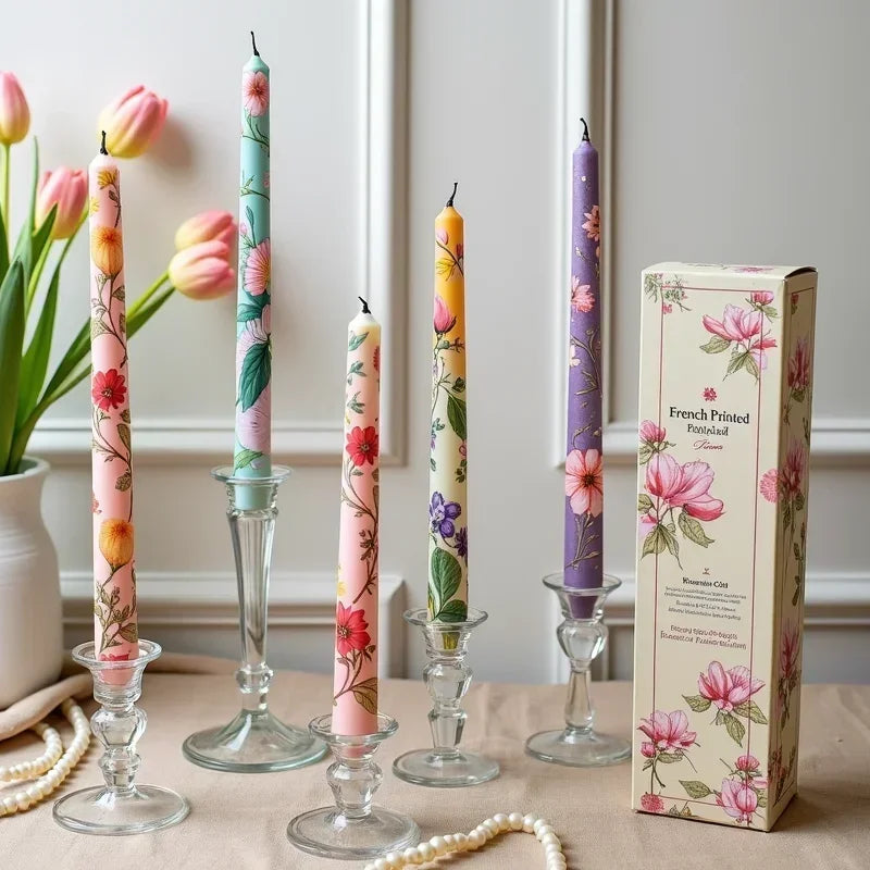 Bougies coniques peintes fleurs vert clair blanc rose violet bleu clair sans flamme aromathérapie