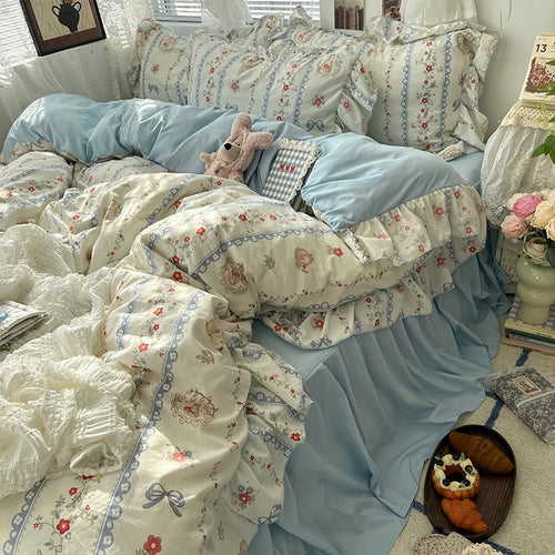 parure lit complète fleurs vintage princesse housse couette drap taies oreillers