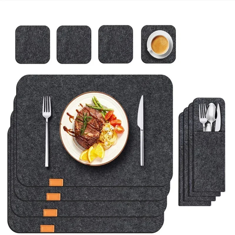 tapis table gris moderne adhésif ensemble vaisselle cuillères fourchettes couteaux assiettes tasses bol vin