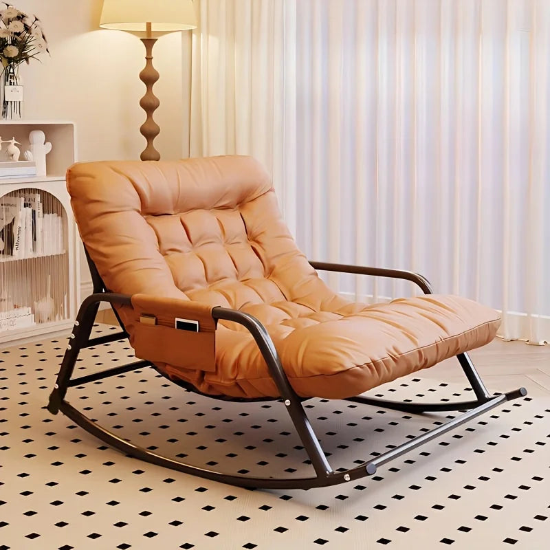 fauteuil bascule moderne deux places marron blanc gris orange coussins texturés chambre salon