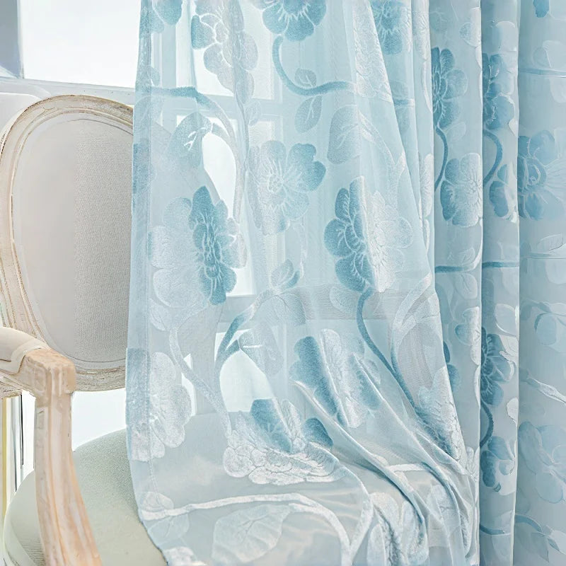 rideau floral bleu clair polyester translucide moderne tringle intimité salon chambre