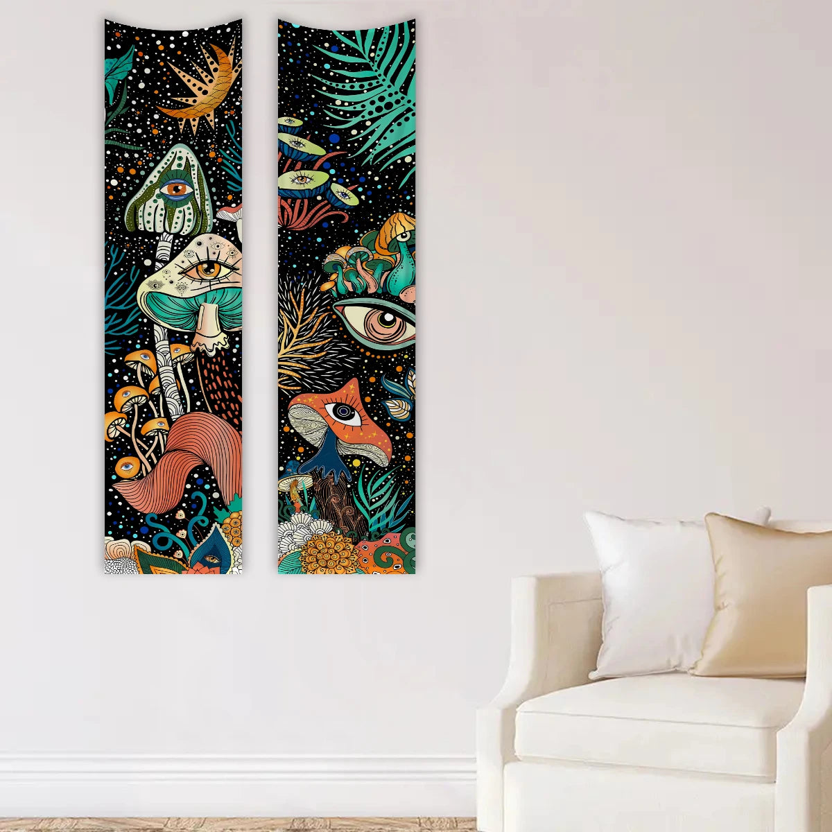 tapisserie moderne fantaisie crânes fleurs papillons oeil lune polyeste noir bleu rose