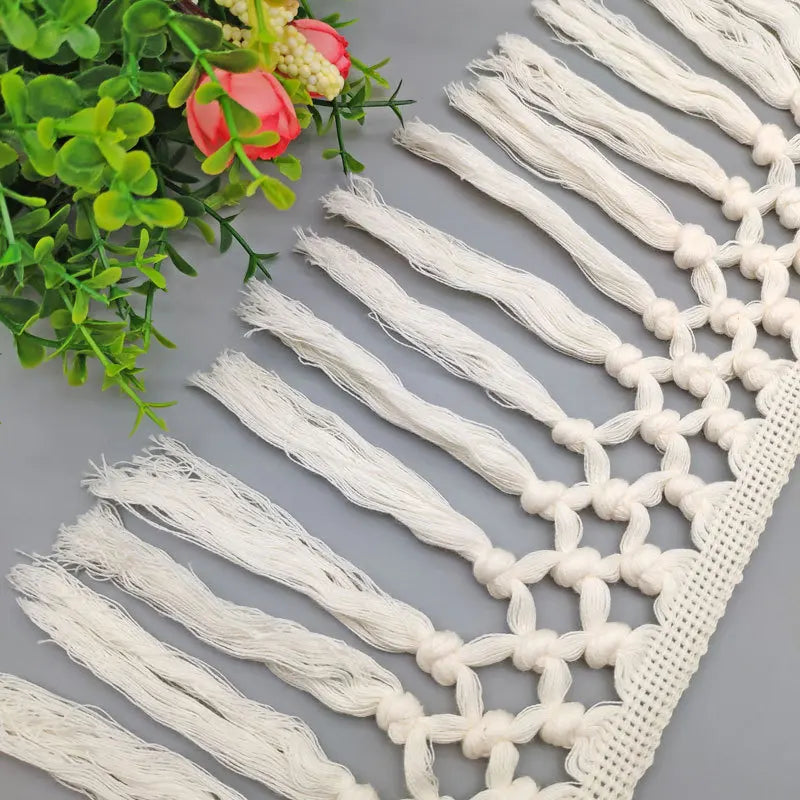 ruban macramé blanc motifs géométriques boho artisanal 15.5cm large franges coton tissu