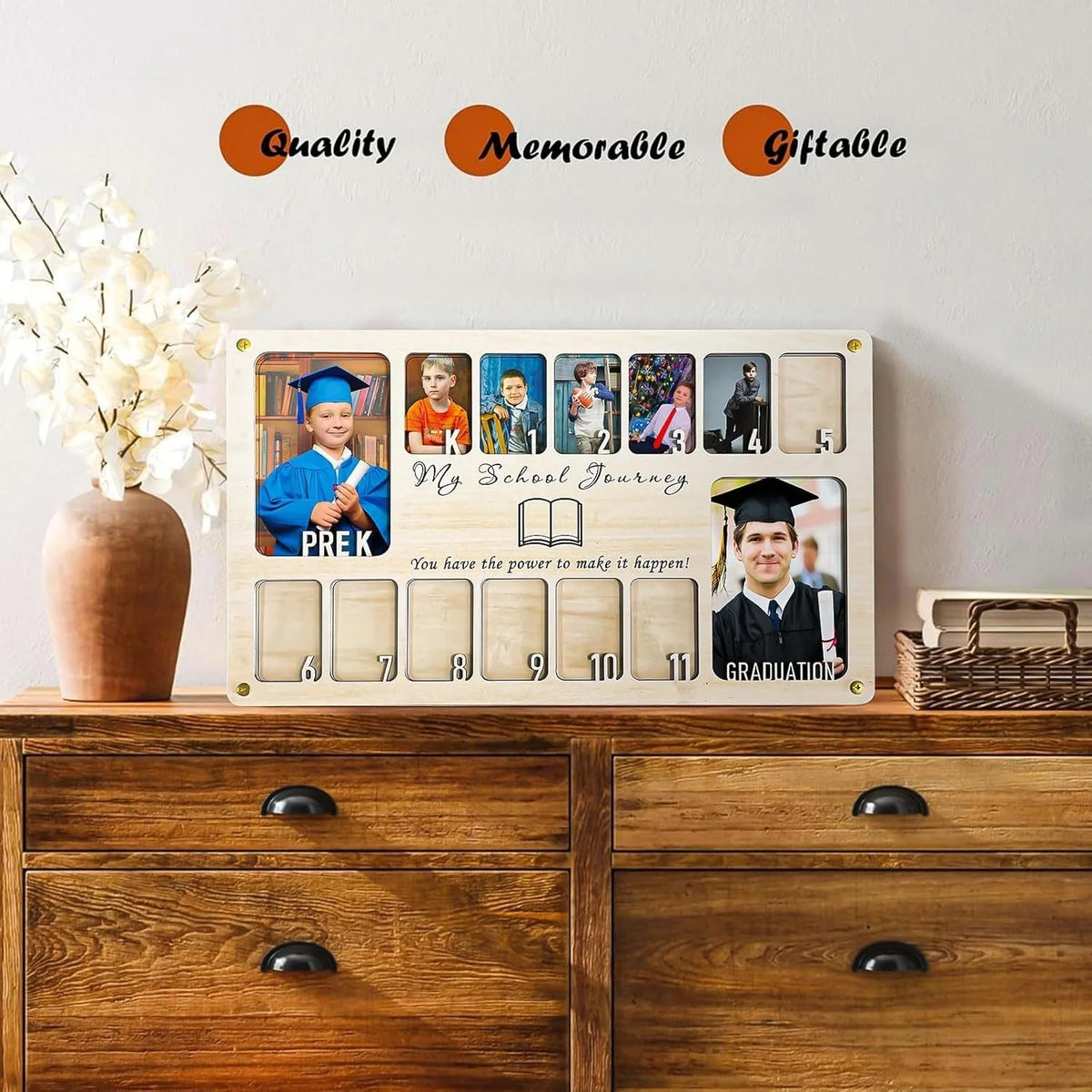 cadre photo bois My School Journey emplacements photos texte gravé rustique