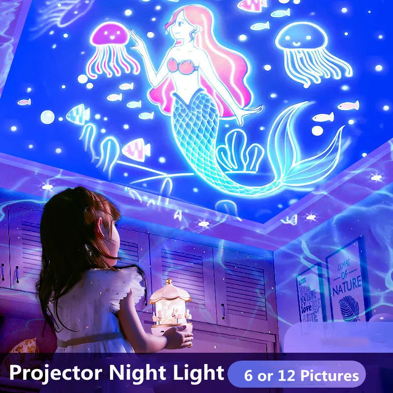 projecteur veilleuse deco marine lumiere chambre enfant étoiles poissons sirènes bluetooth rechargeable led