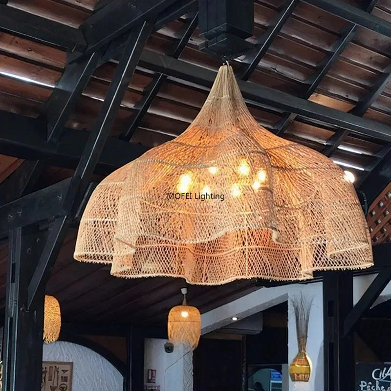 lampe suspendue rotin bois naturel rustique moderne salon cuisine lumière chaude