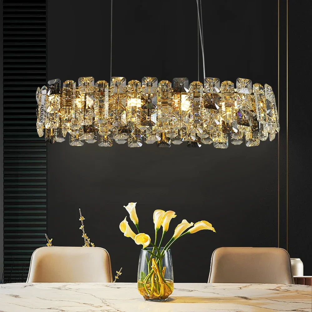 suspension lumineuse moderne or cristaux transparents luxueux suspension câbles métalliques