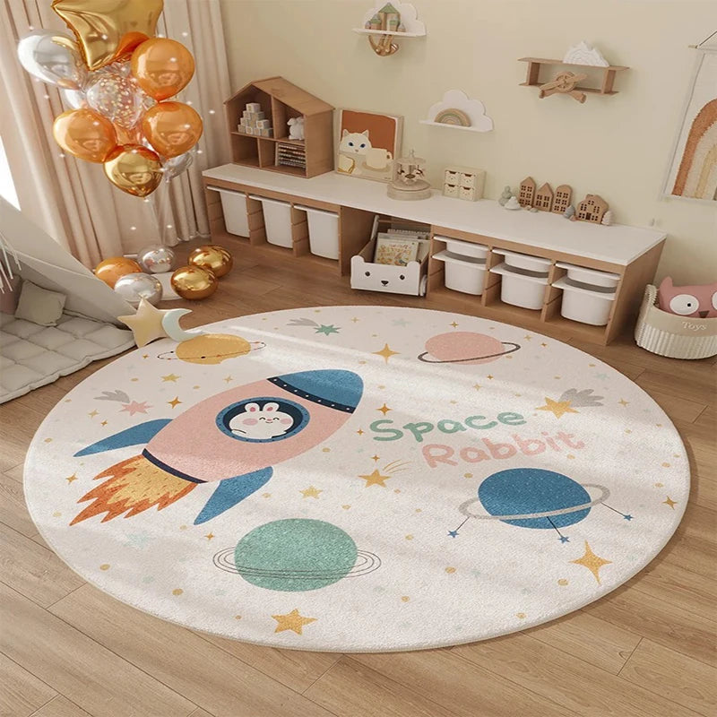 tapis rond enfant motif planètes étoiles décoration chambre bébé couleur bleu beige gris