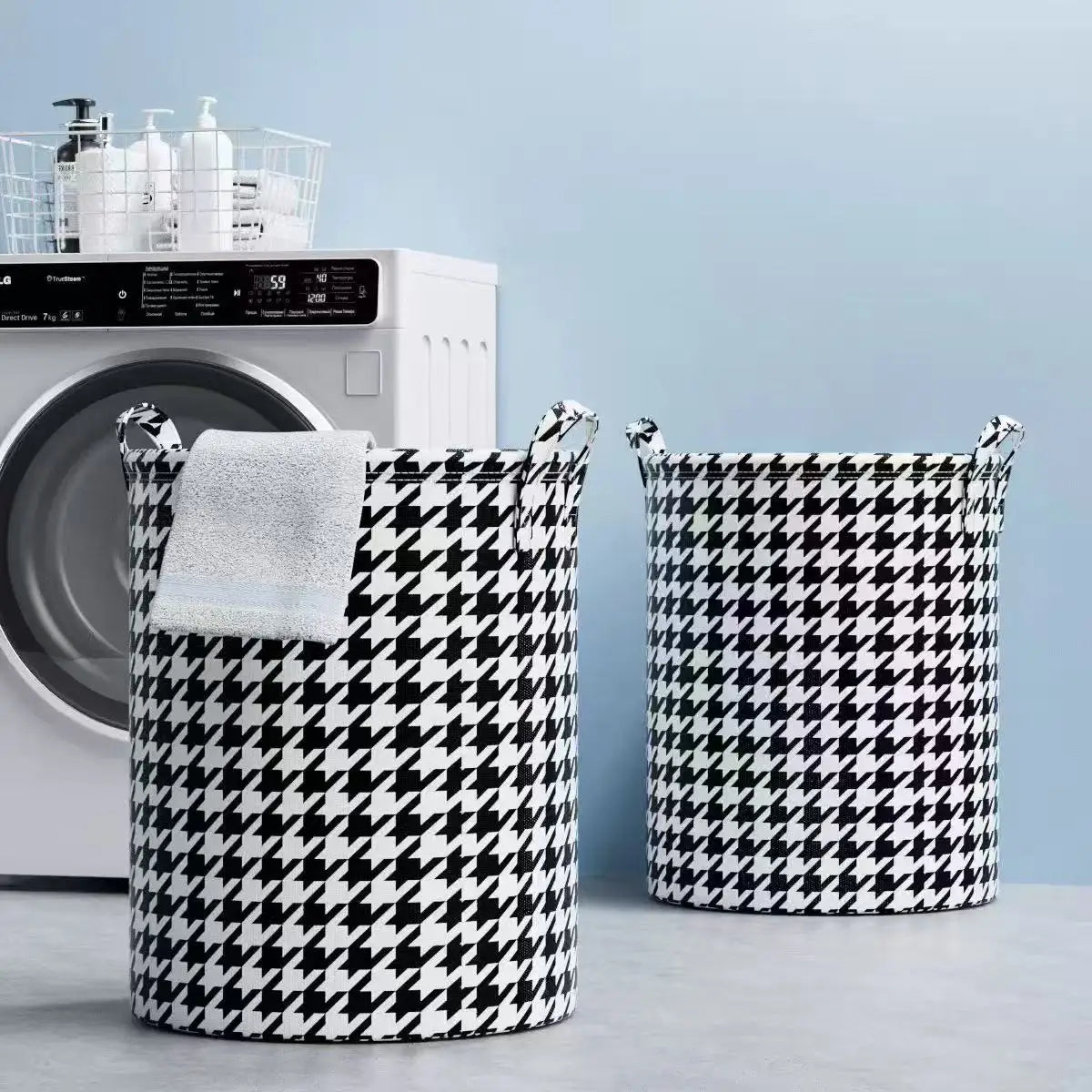 panier linge pliable houndstooth noir blanc moderne poignées polyvalent chambre salon salle bain polyester
