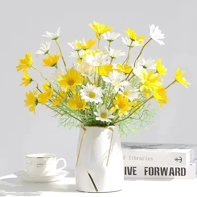 bouquet fleurs artificielles jaune blanc decoration intérieur mariage anniversaire minimaliste