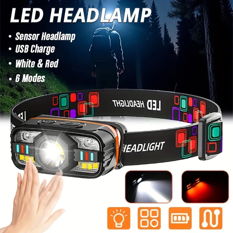 lampe frontale led rechargeable étanche mode détection mouvement rayures horizontales ceinture ajustable camping pêche
