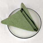 Serviette de table de couleur verte pliée sur une assiette blanche sur fond blanc.
