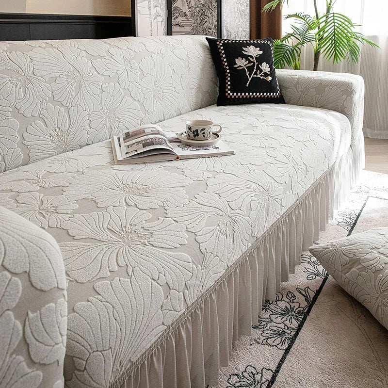 housse canapé velours jacquard fleurs imprimées extensible coussin salon classique vert