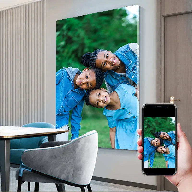 toile d'art photo famille moderne clips cadre bois bleu blanc vert
