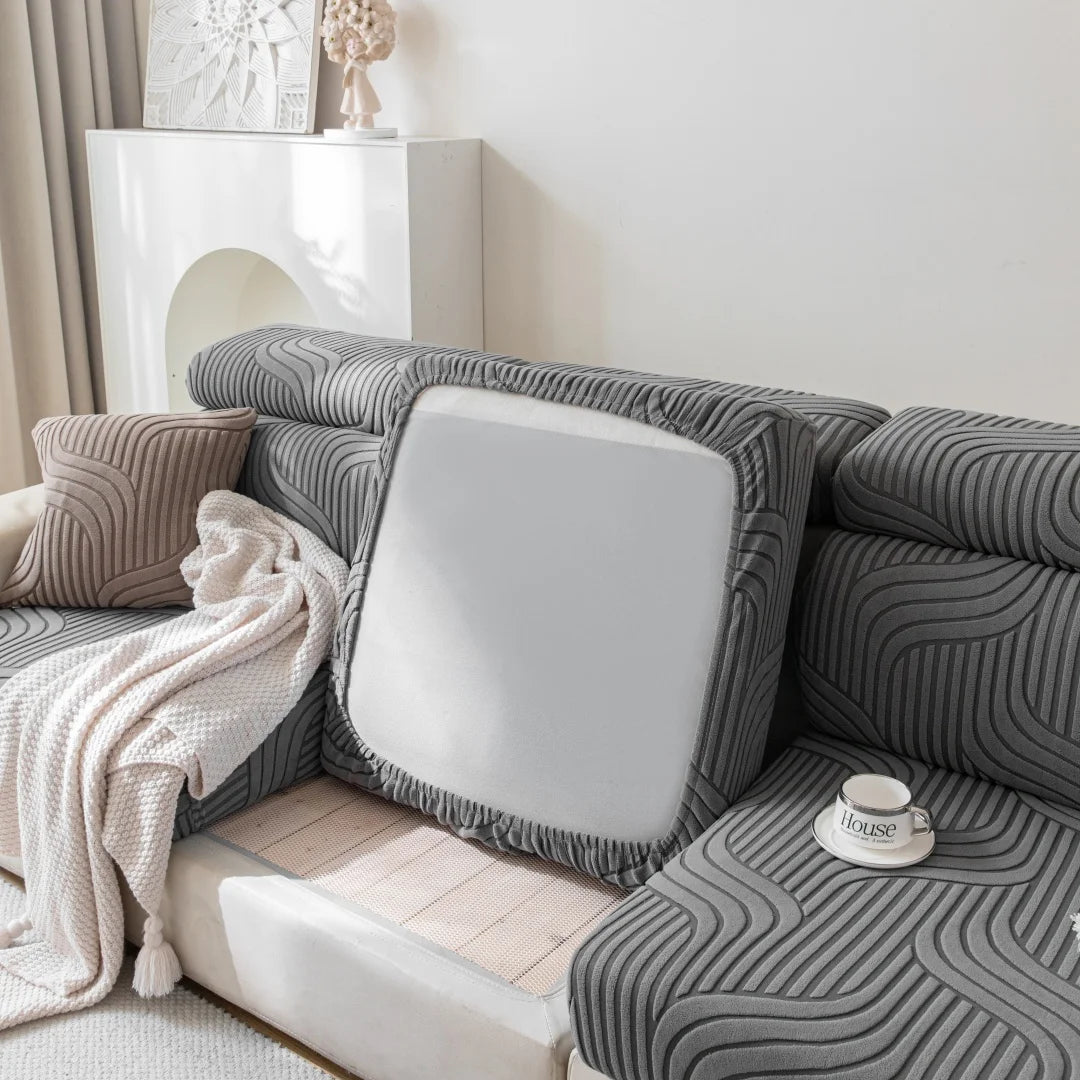 housse canapé beige clair polaire jacquard rayures horizontales extensible salon moderne