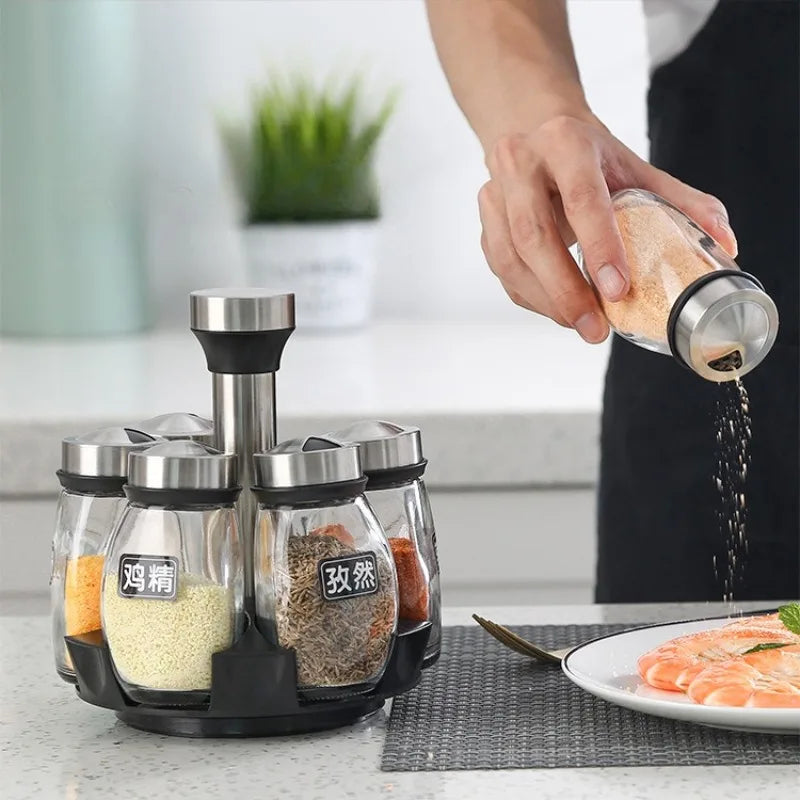 ensemble pots épices rotatifs moderne noir transparent verre organisation cuisine efficace