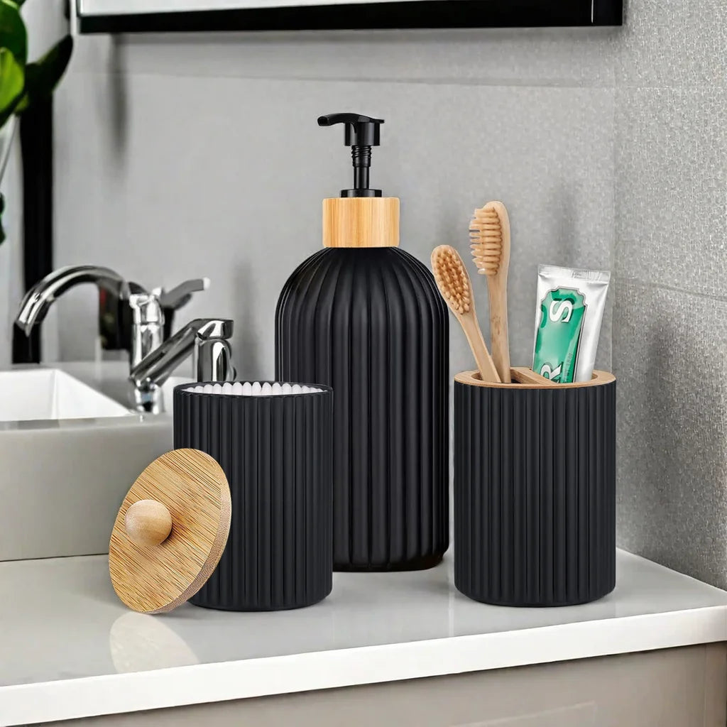 ensemble produits salle bain moderne flacon savon pot coton tige pot brosse dents brosse