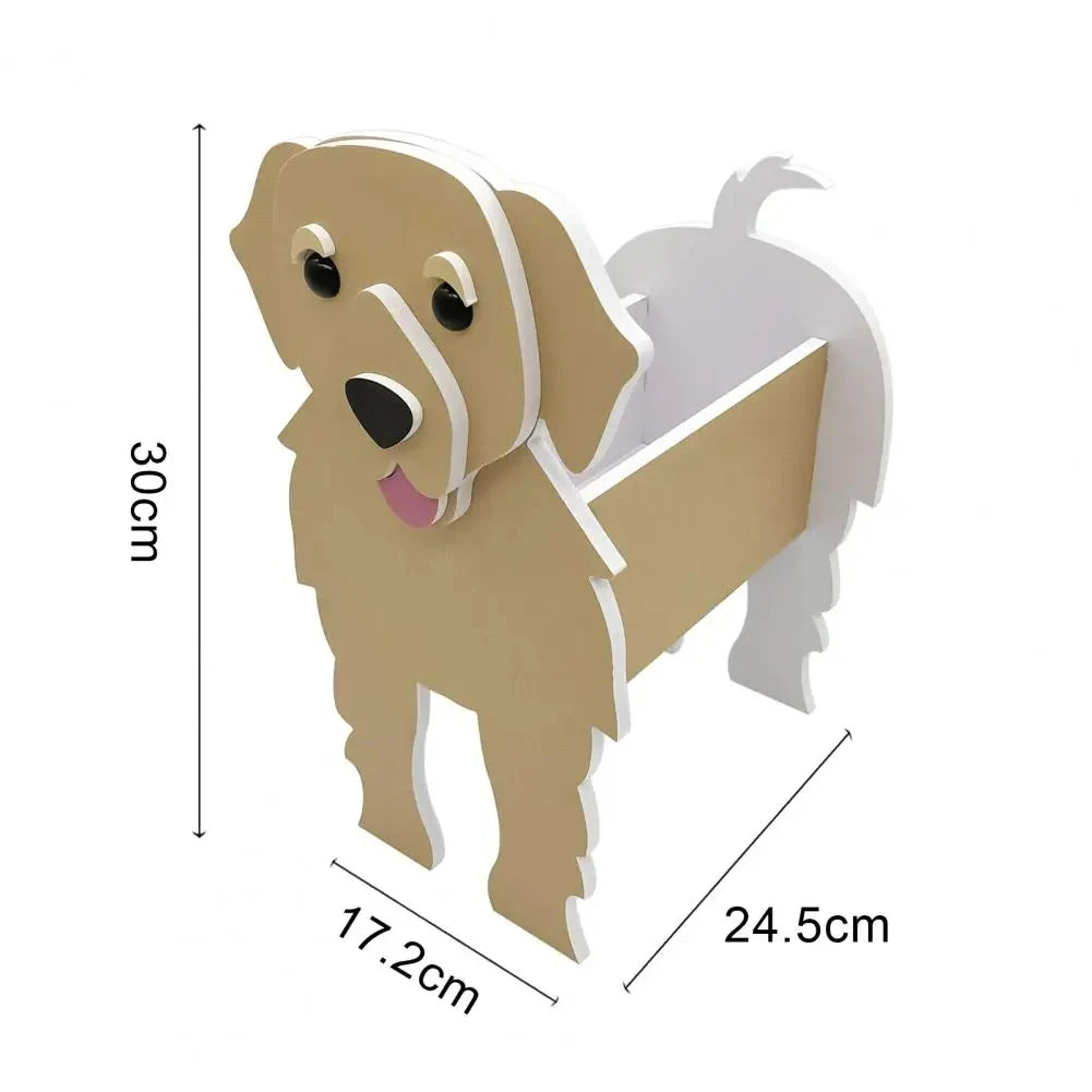 cache pot chien forme cartoon blanc beige marron noir rose vert détails visage plante