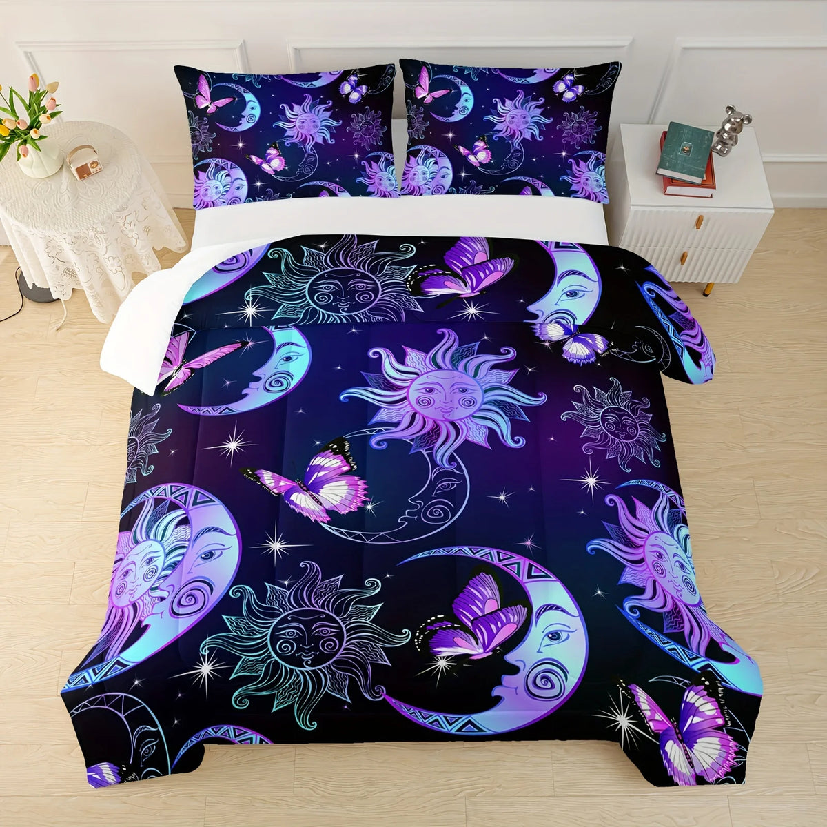 housse couette impression 3d lune soleil papillons violet bleu noir fantastique chambre enfant