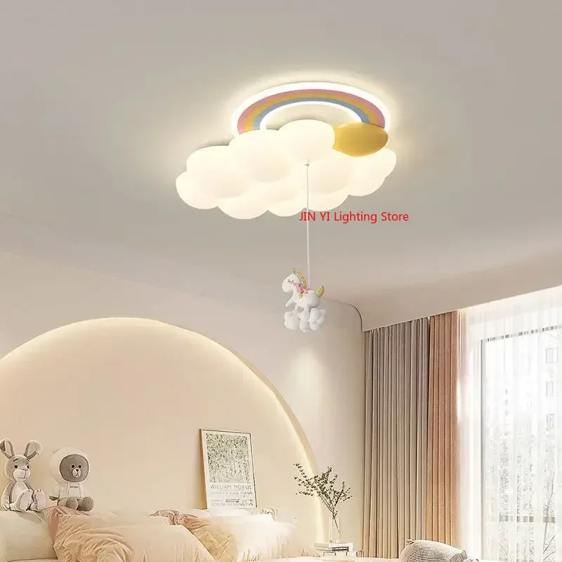 lampe suspendue moderne enfantine nuage arc ciel blanc jaune licorne cordon fixe chambre enfants