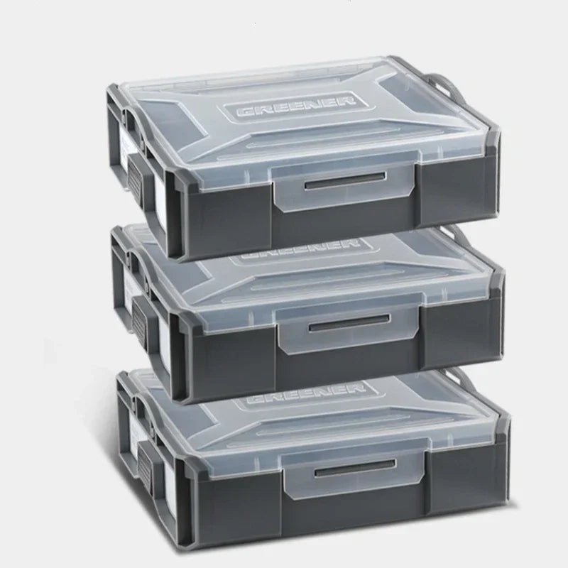boîtes rangement outils plastique réutilisables gris transparent compartiments modernes poignées