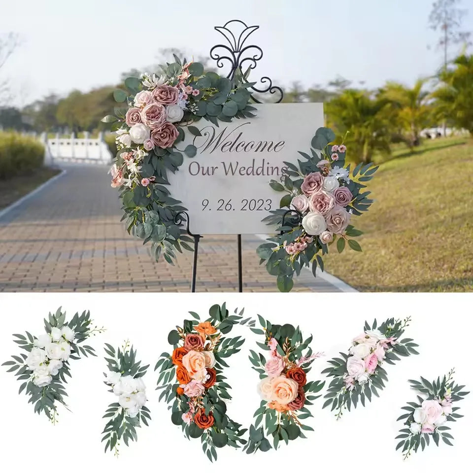 décoration mariage boho panneau bienvenue fleurs artificielles eucalyptus bois texturéextérieur