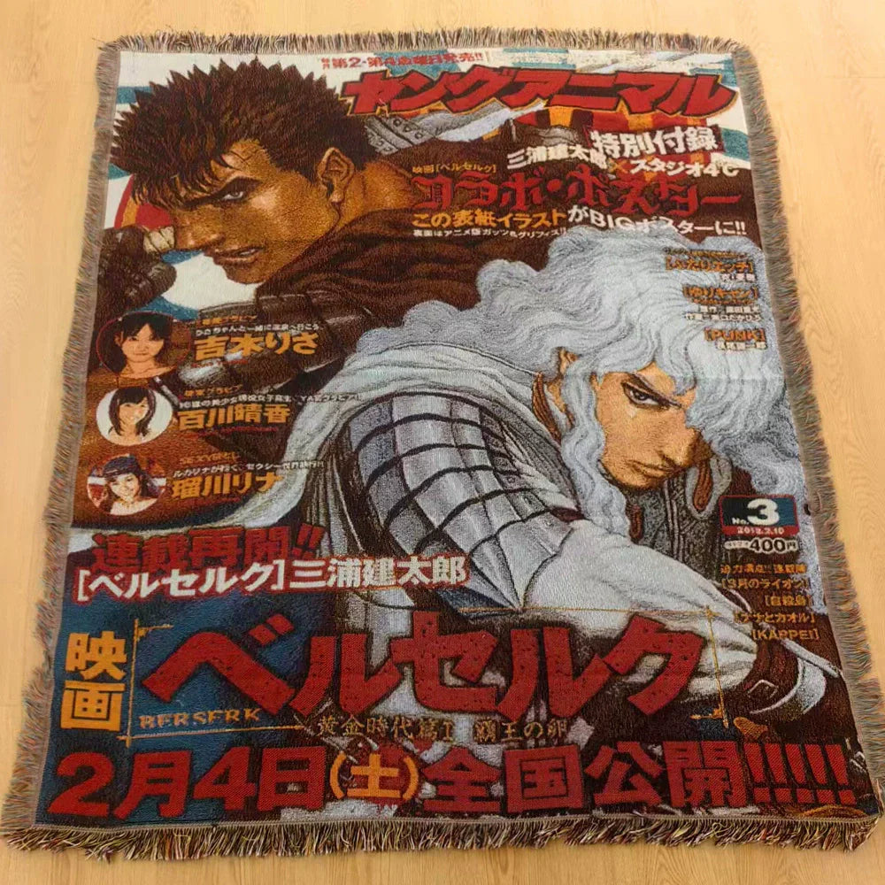 tapisserie dessin animé berserk personnage épée armure noir blanc gris bleu rouge marron jacinthe