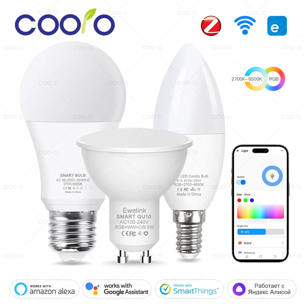 ampoules led e27 e14 zigbee wifi blanc moderne 2700k 6500k 50000h 249lm 2000lm