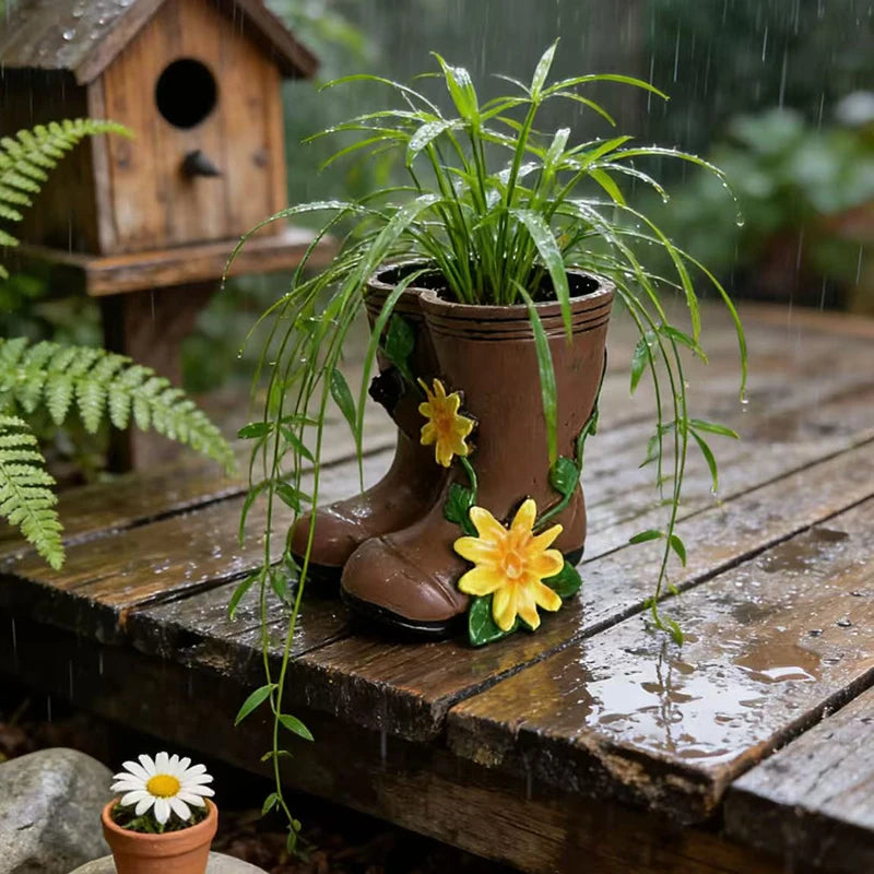 pots fleurs forme bottes pluie marron jaune vert relief rustique decoratif plantes verteextérieur